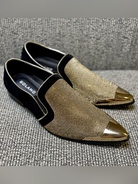 Bolano x Amali Dezzy Rhinestone Smoking Slippers Gold Black Loafers 12